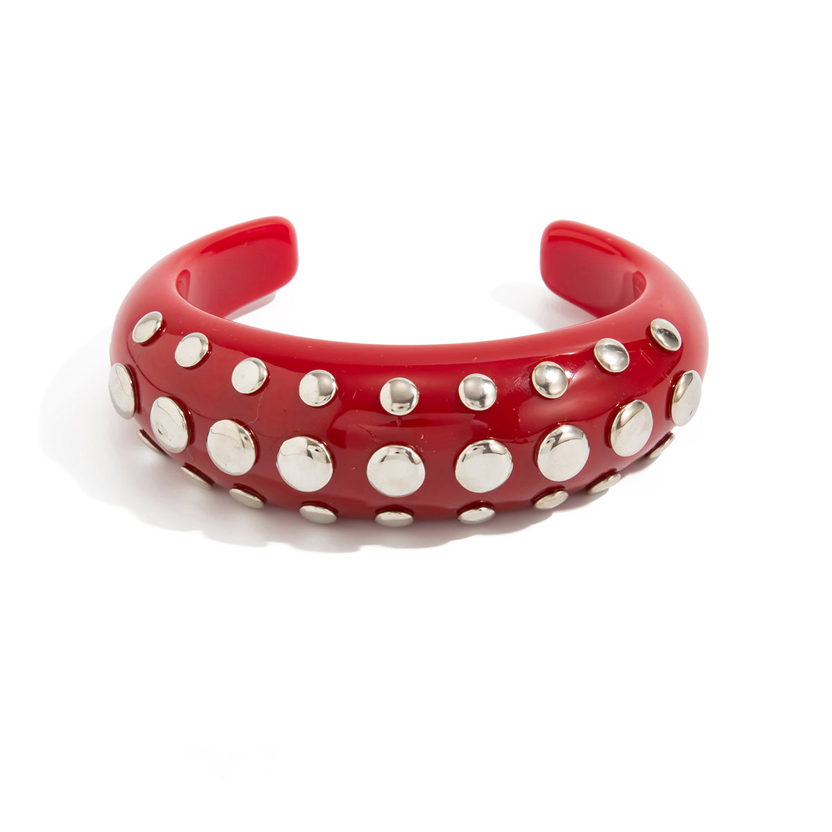 Red Resin and Silvertone Layered Spot Cuff, silver bracelet for women, vintage-inspired design, front view