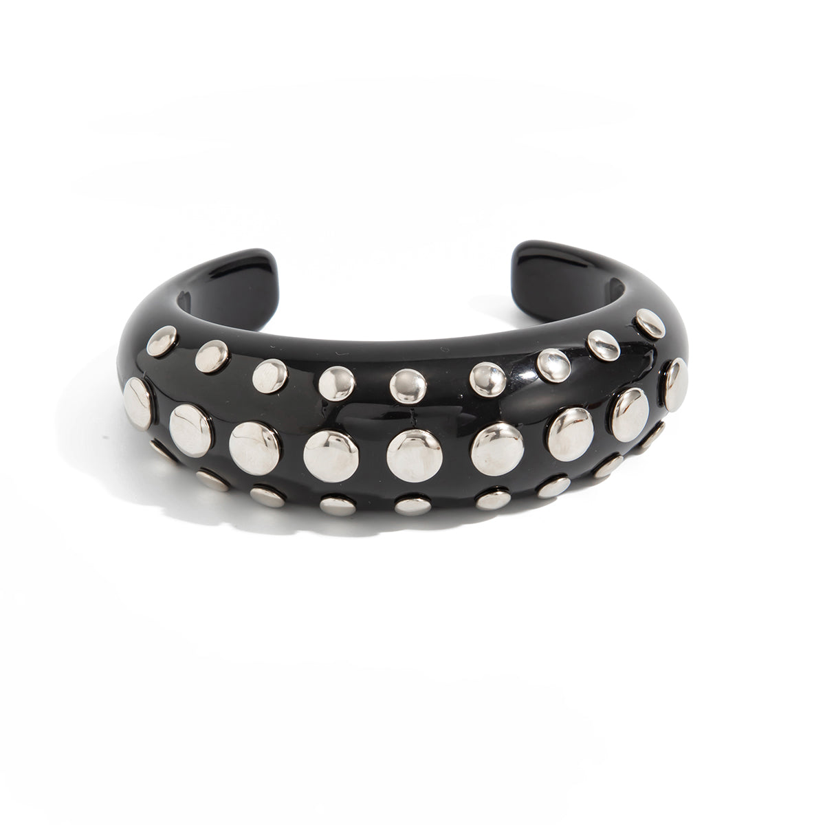 Black Resin and Silvertone Layered Spot Cuff, silver bracelet for women, vintage-inspired design, front view