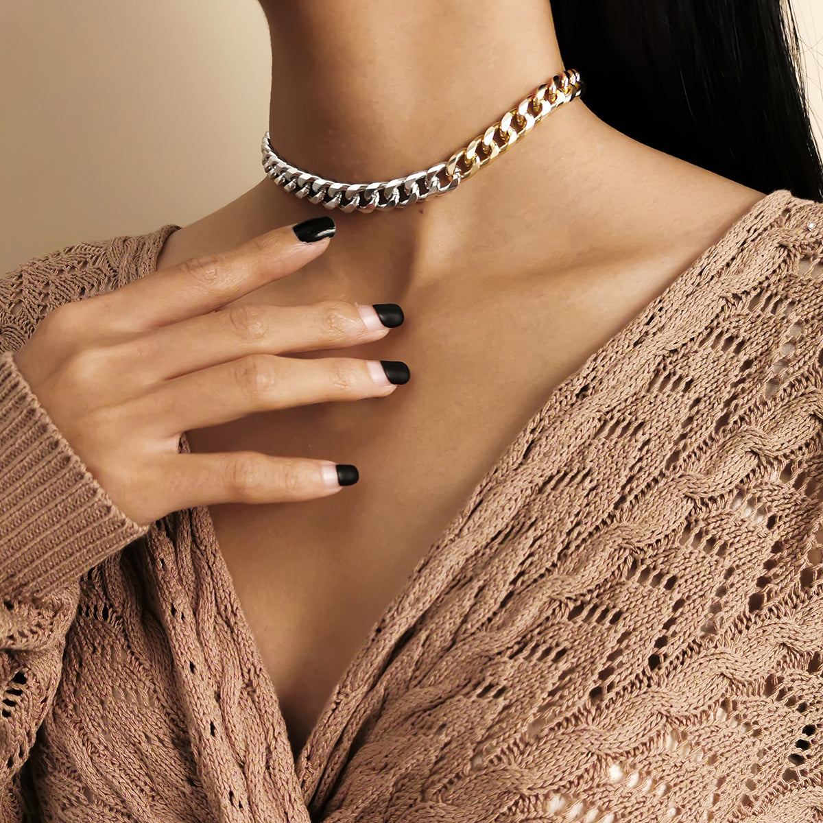 Two Tone Figaro Choker Necklace, chunky choker necklace, botanical inspired, side view