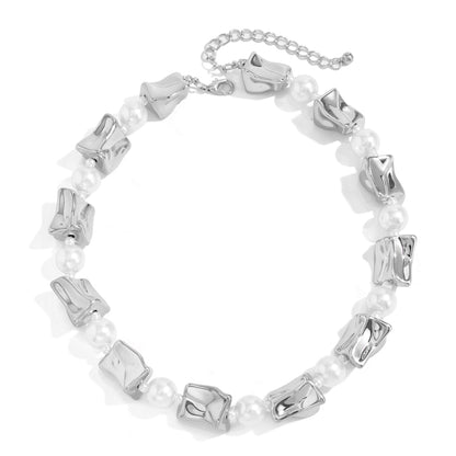 Pearl and Silvertone Ice Cube Station Necklace, dainty minimalist design, front view