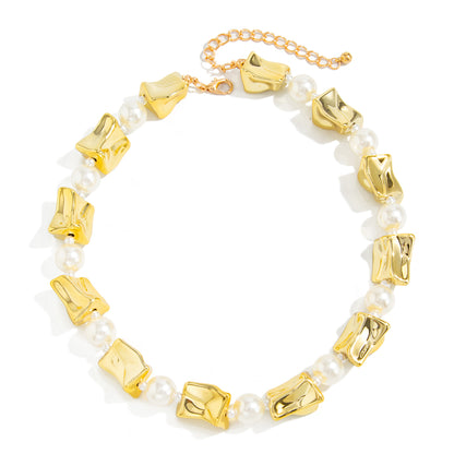 Pearl and Goldtone Ice Cube Station Necklace, elegant gift for her, front view