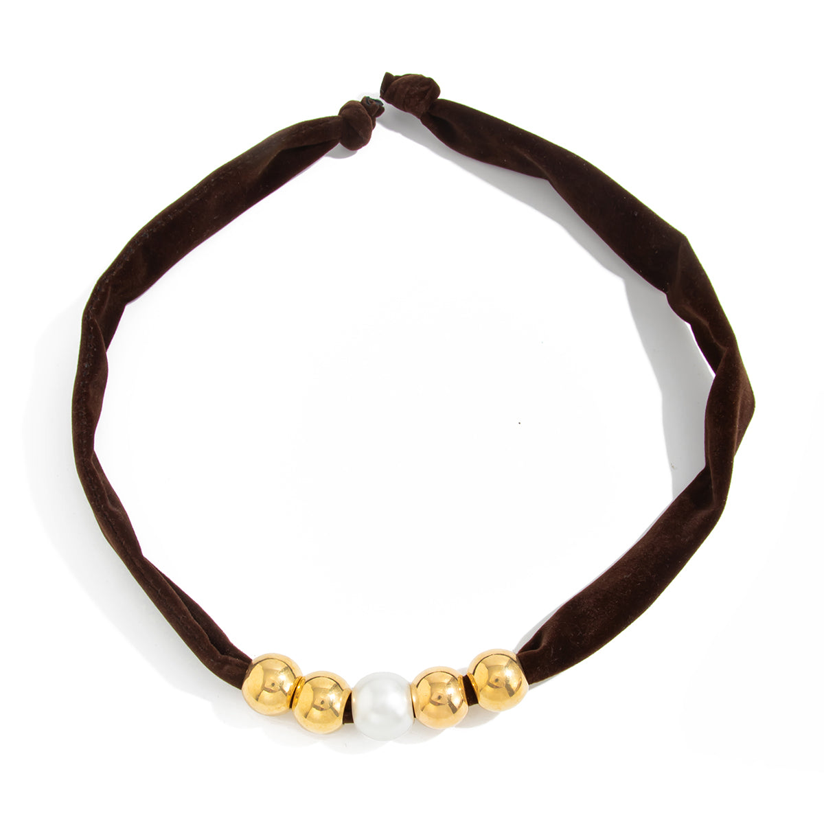Dark Brown Polyster and Pearl Goldtone Ball Collar Necklace, botanical inspired, front view