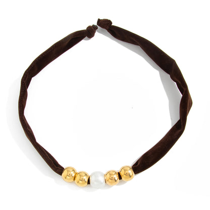 Dark Brown Polyster and Pearl Goldtone Ball Collar Necklace, botanical inspired, front view
