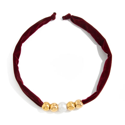 Wine Red Polyster and Pearl Goldtone Ball Collar Necklace, botanical inspired, front view