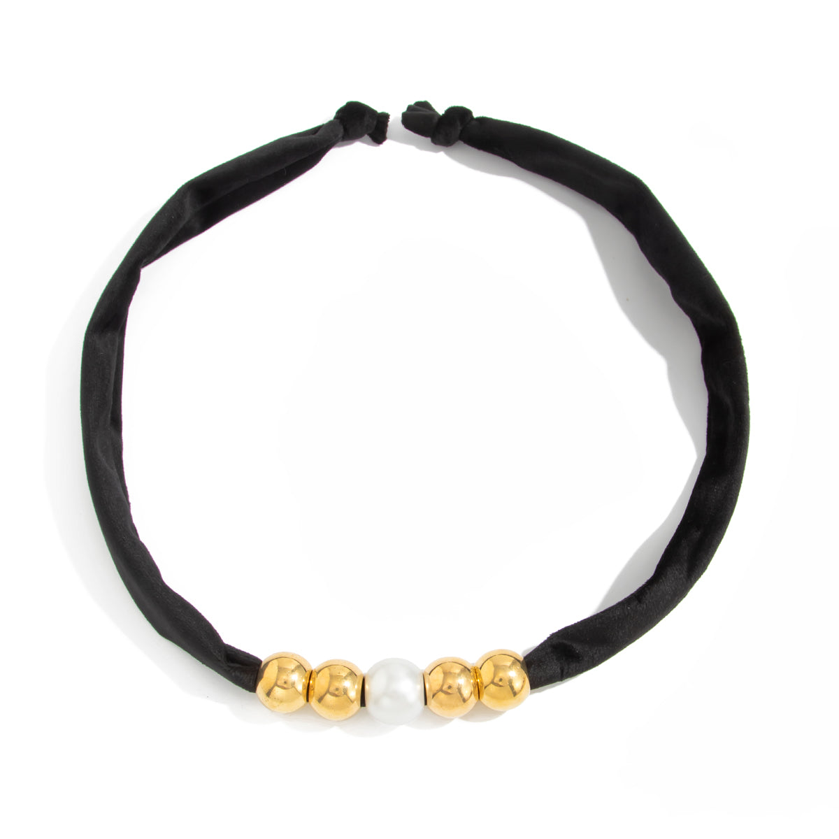 Black Polyster and Pearl Goldtone Ball Collar Necklace, everyday style, front view