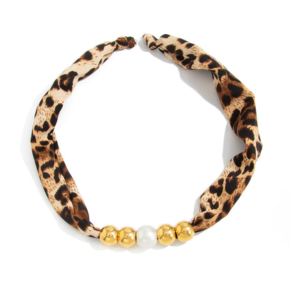 Leopard Print Polyster and Pearl Goldtone Ball Collar Necklace, everyday style, front view