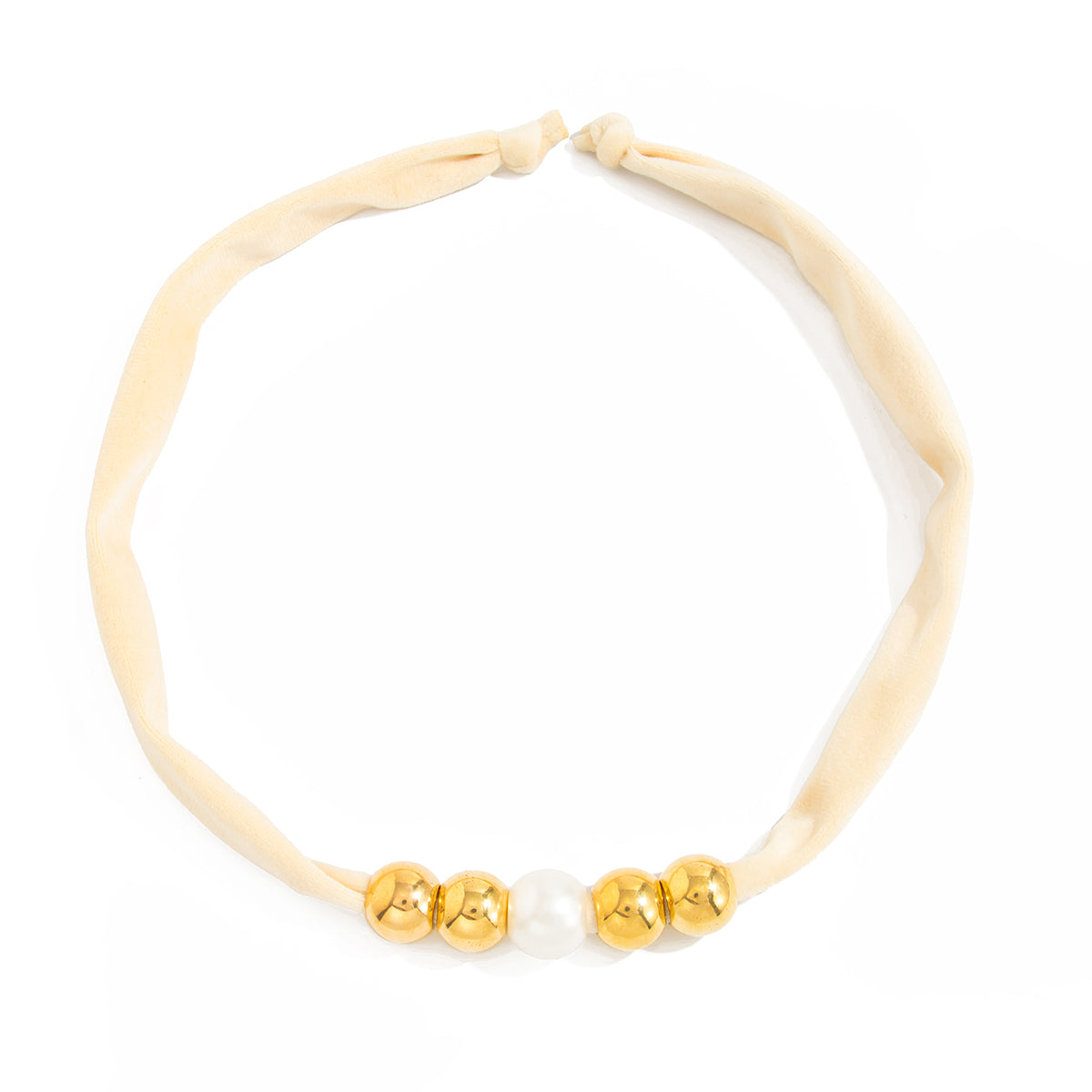 Beige Polyster and Pearl Goldtone Ball Collar Necklace, botanical inspired, front view