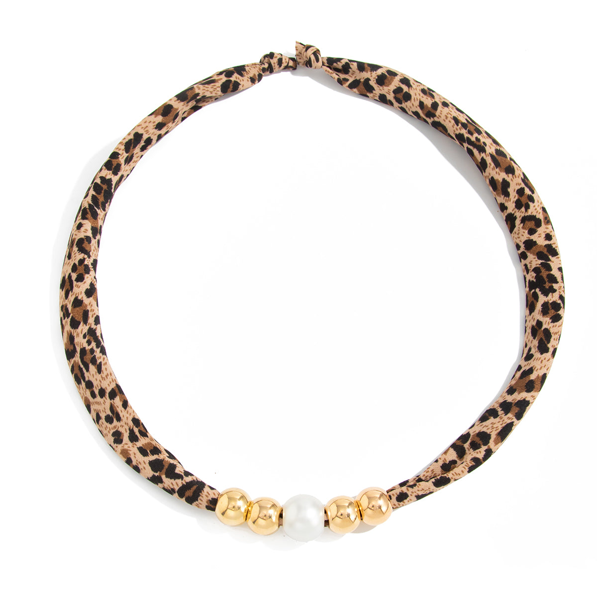 Leopard Print Polyster and Pearl Goldtone Ball Collar Necklace, dainty minimalist design, front view