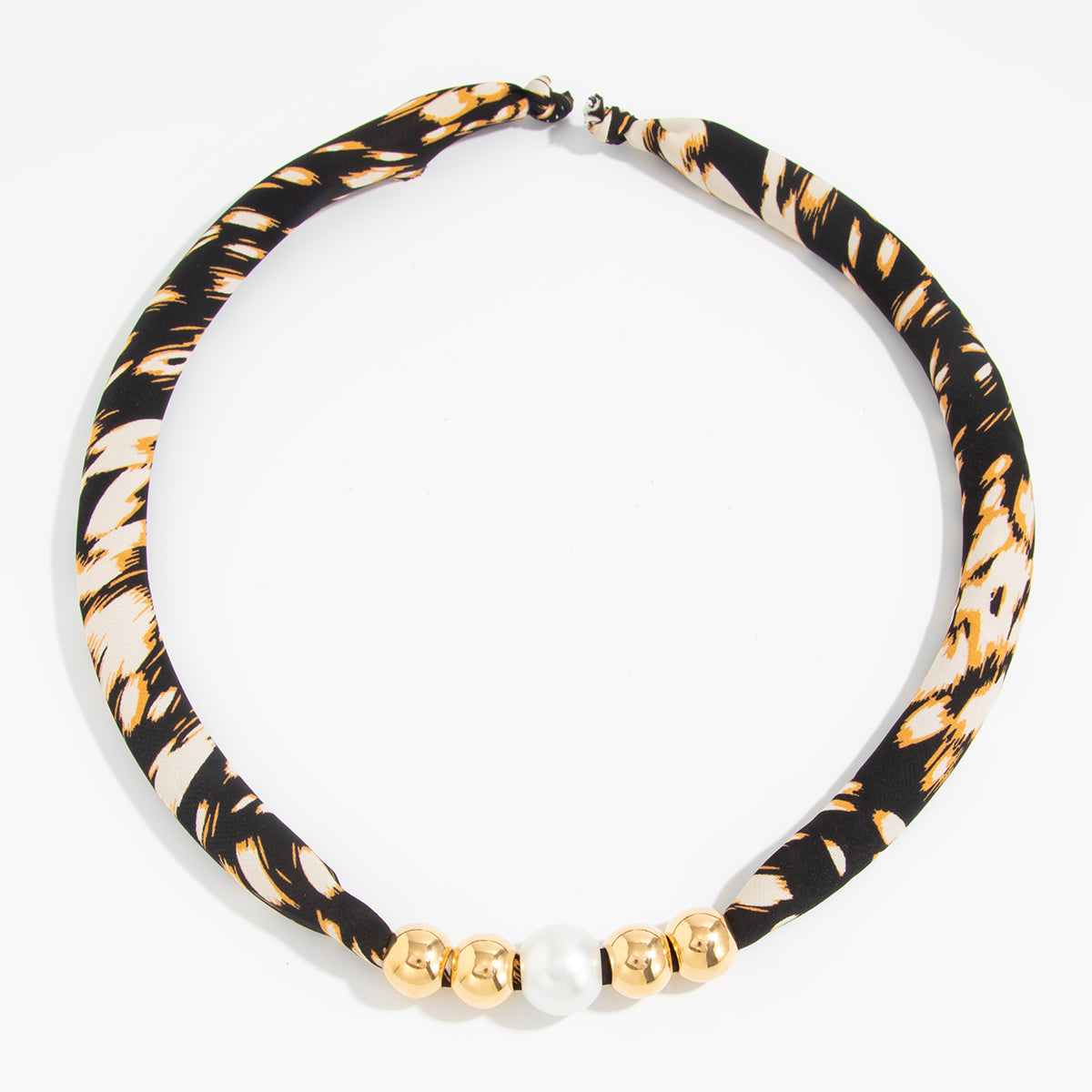 Botany Print Polyster and Pearl Goldtone Ball Collar Necklace, botanical inspired, front view