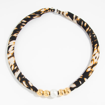 Botany Print Polyster and Pearl Goldtone Ball Collar Necklace, botanical inspired, front view