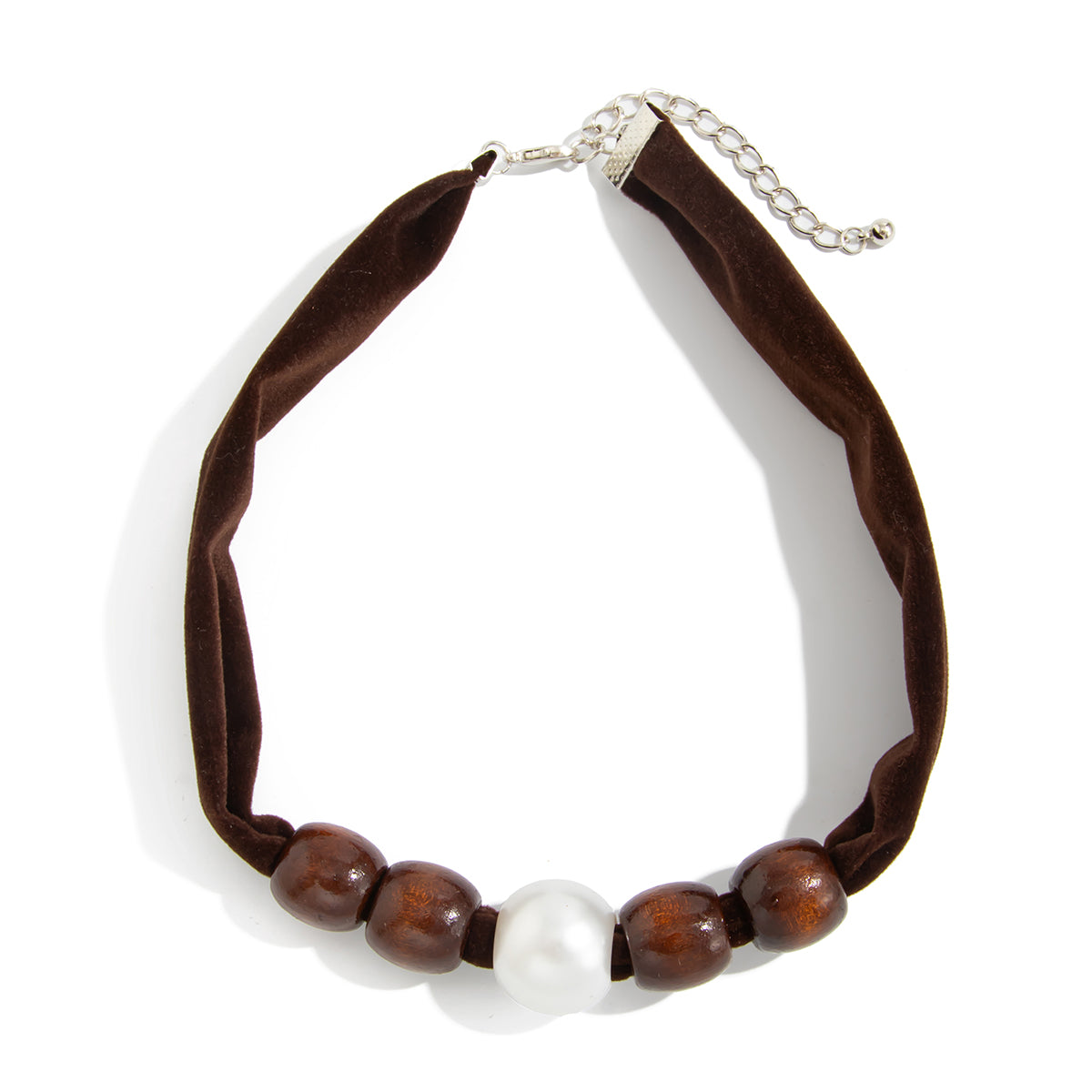 Dark Brown Polyster and Wood Pearl Silvertone Ball Collar Necklace, everyday style, front view