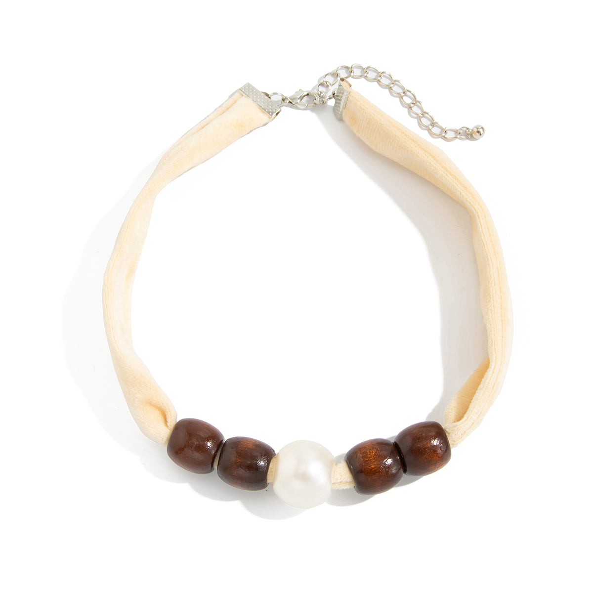 Beige Polyster and Wood Pearl Silvertone Ball Collar Necklace, everyday style, front view