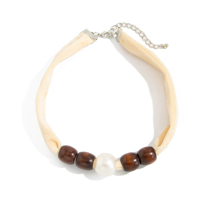 Beige Polyster and Wood Pearl Silvertone Ball Collar Necklace, everyday style, front view