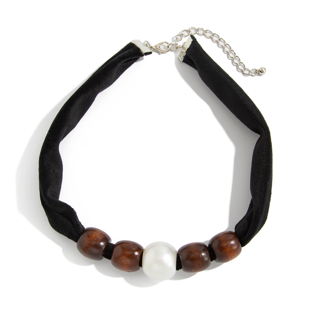 Black Polyster and Wood Pearl Silvertone Ball Collar Necklace, everyday style, front view