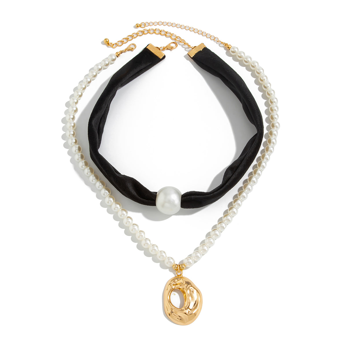 Black Polyster & Pearl Goldtone Open Drop Pendant Necklace Set