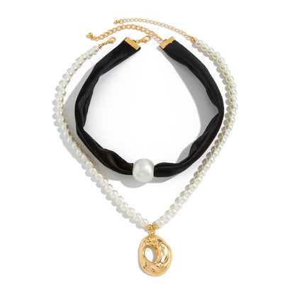 Black Polyster & Pearl Goldtone Open Drop Pendant Necklace Set