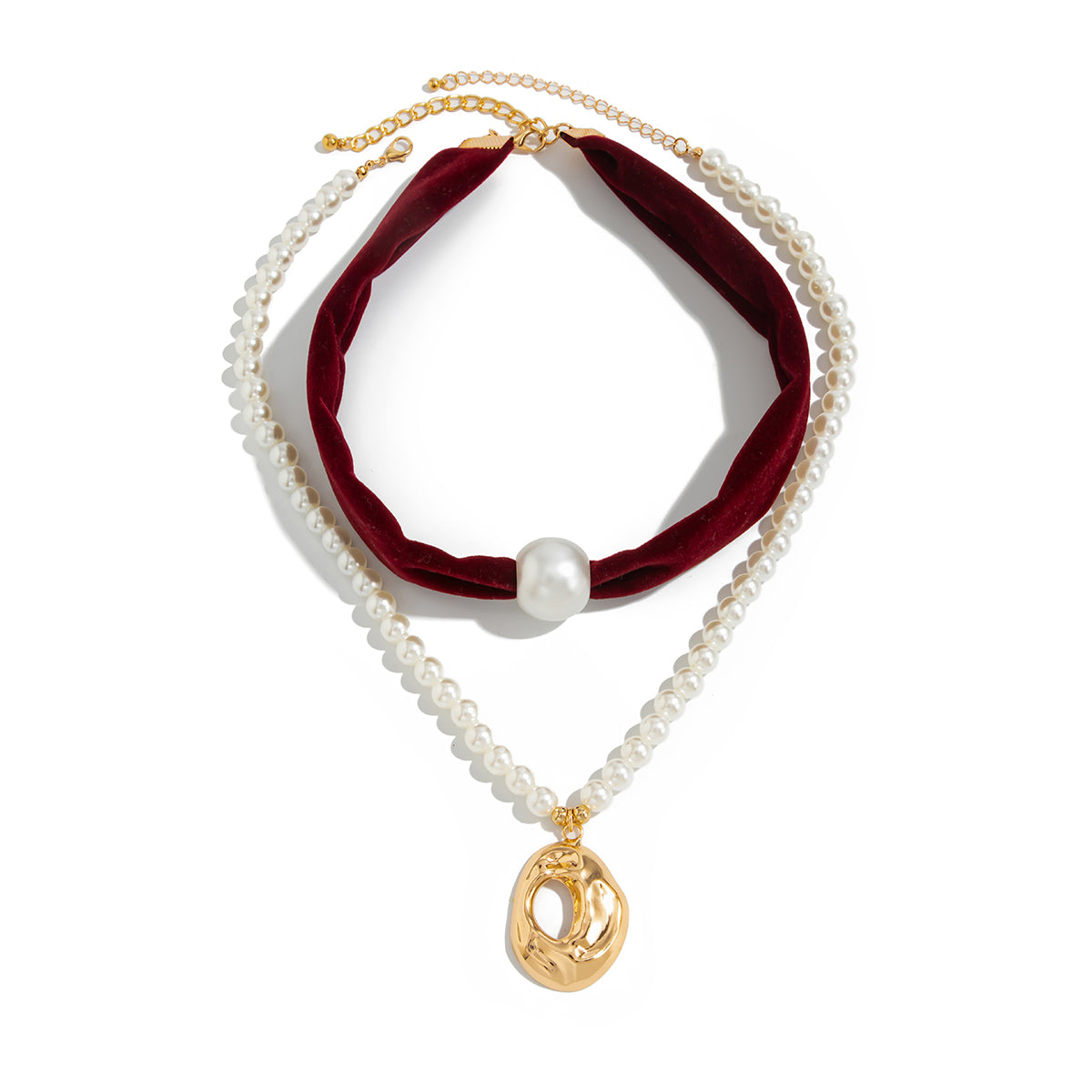 Wine Red Polyster & Pearl Goldtone Open Drop Pendant Necklace Set