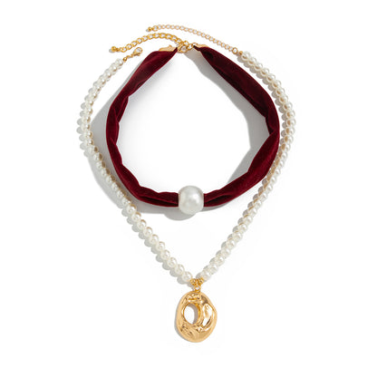 Wine Red Polyster & Pearl Goldtone Open Drop Pendant Necklace Set
