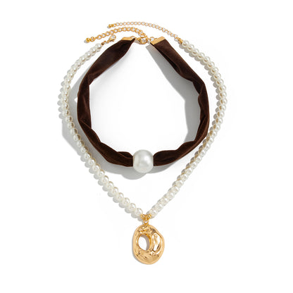 Dark Brown Polyster & Pearl Goldtone Open Drop Pendant Necklace Set