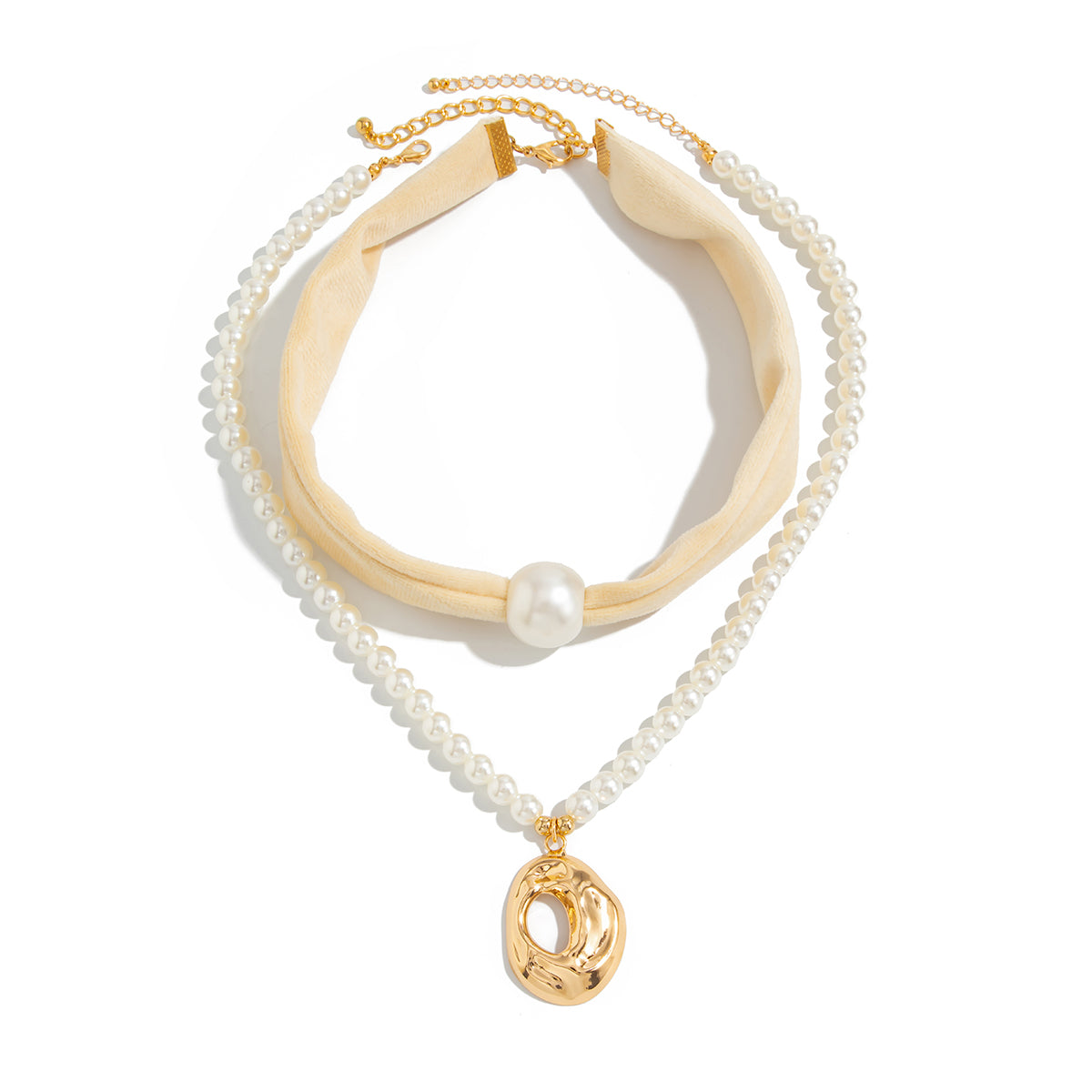 White Polyster & Pearl Goldtone Open Drop Pendant Necklace Set