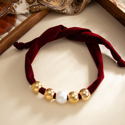 Wine Red Polyster and Pearl Goldtone Ball Collar Necklace, botanical inspired, side view
