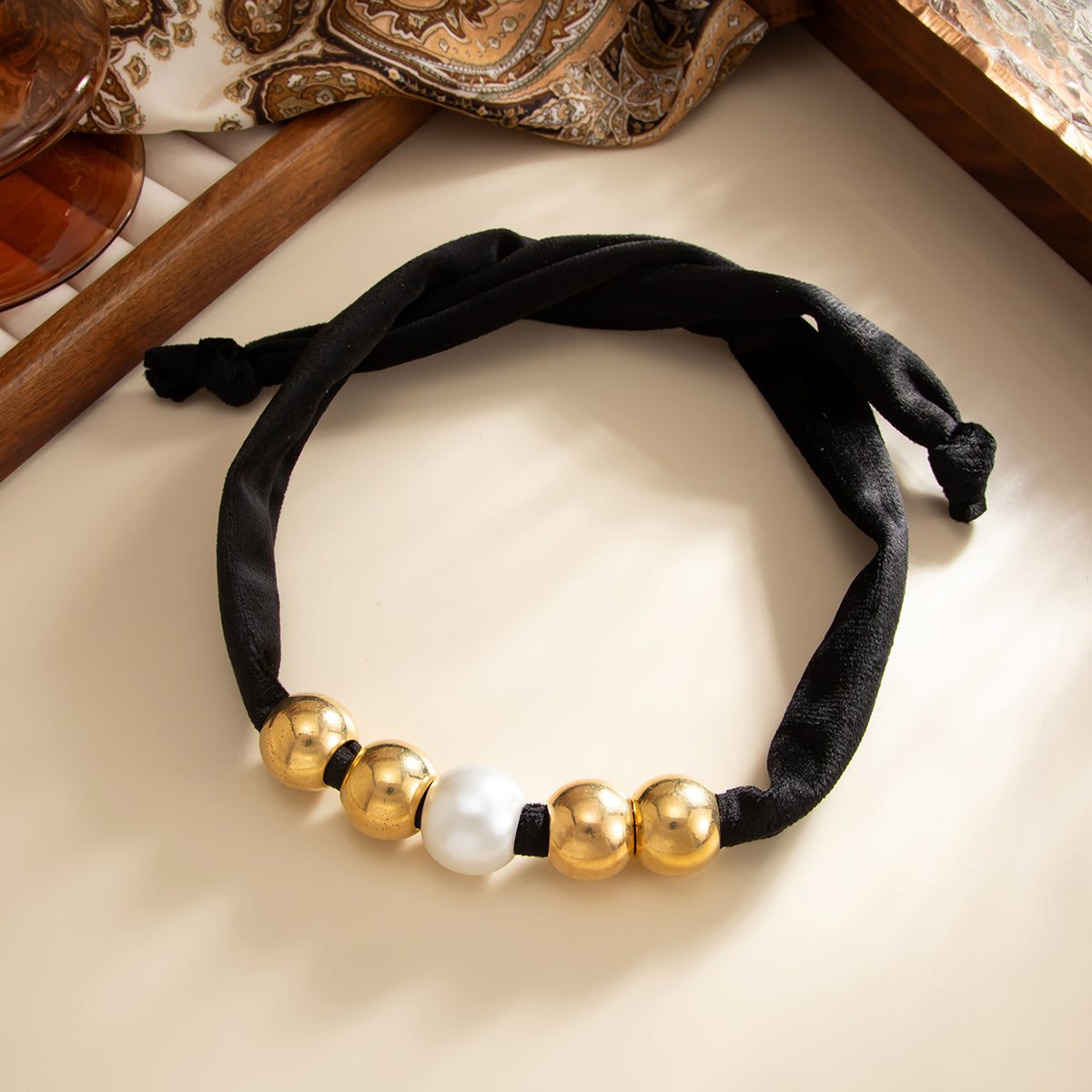 Black Polyster and Pearl Goldtone Ball Collar Necklace, everyday style, side view