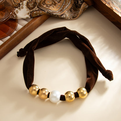 Dark Brown Polyster and Pearl Goldtone Ball Collar Necklace, botanical inspired, side view