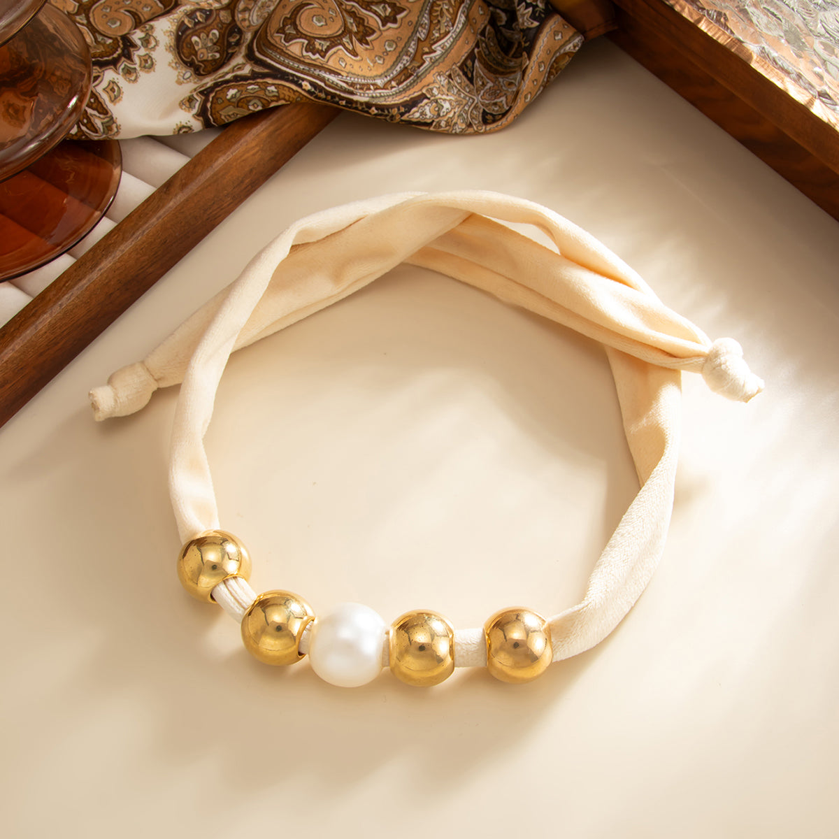Beige Polyster and Pearl Goldtone Ball Collar Necklace, botanical inspired, side view