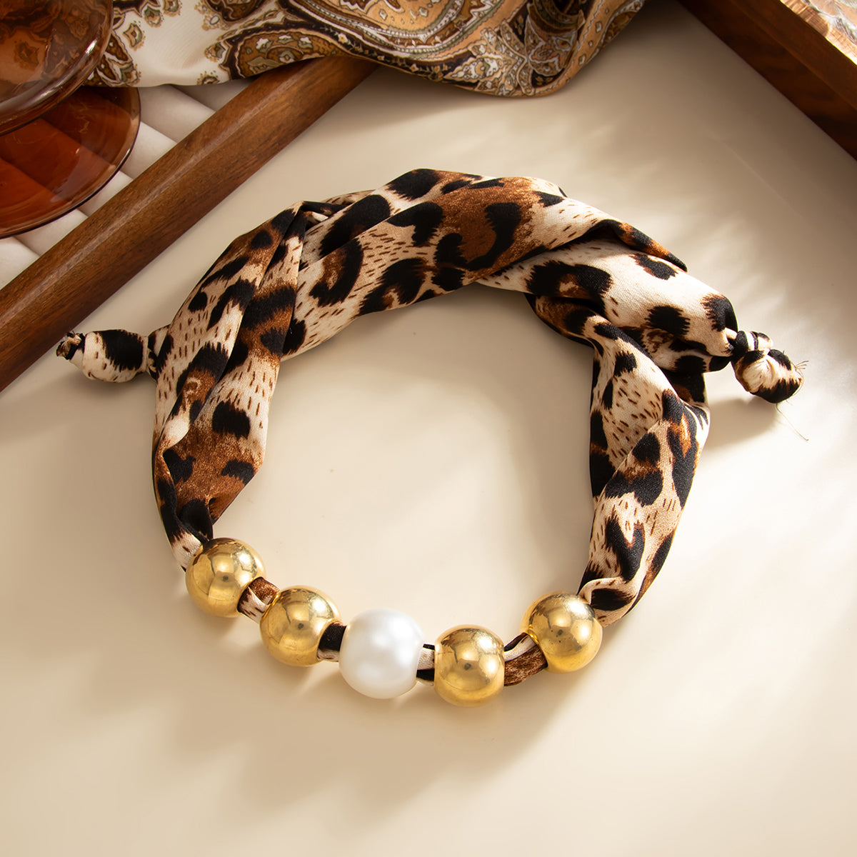Leopard Print Polyster and Pearl Goldtone Ball Collar Necklace, everyday style, side view