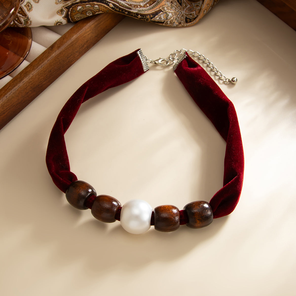 Wine Red Polyster and Wood Pearl Silvertone Ball Collar Necklace, everyday style, side view