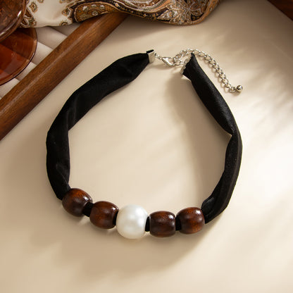 Black Polyster and Wood Pearl Silvertone Ball Collar Necklace, everyday style, side view