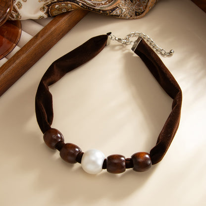 Dark Brown Polyster and Wood Pearl Silvertone Ball Collar Necklace, everyday style, side view