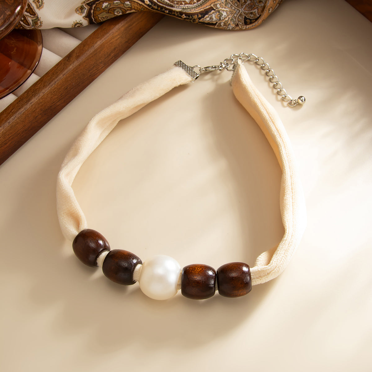 Beige Polyster and Wood Pearl Silvertone Ball Collar Necklace, everyday style, side view