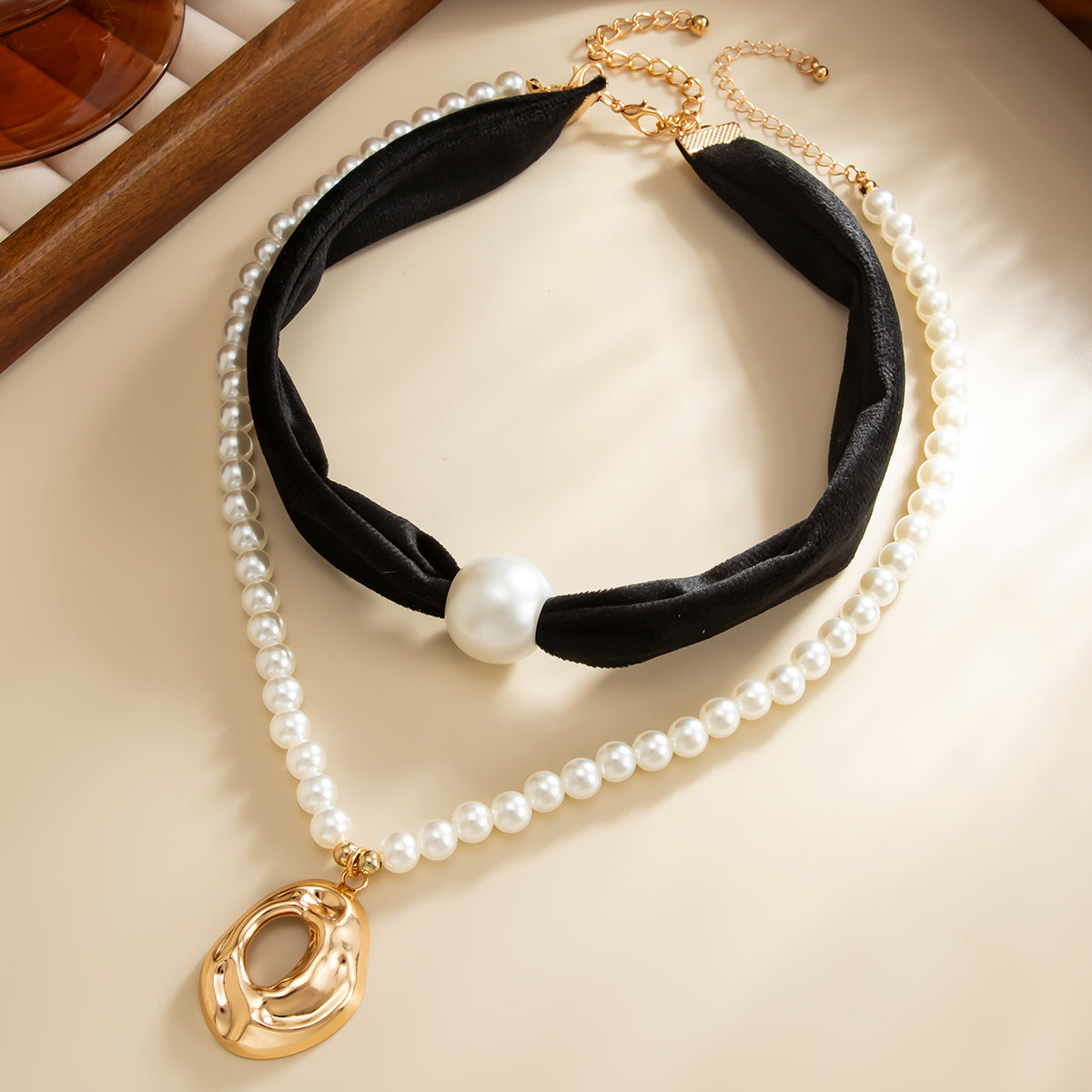 Black Polyster & Pearl Goldtone Open Drop Pendant Necklace Set