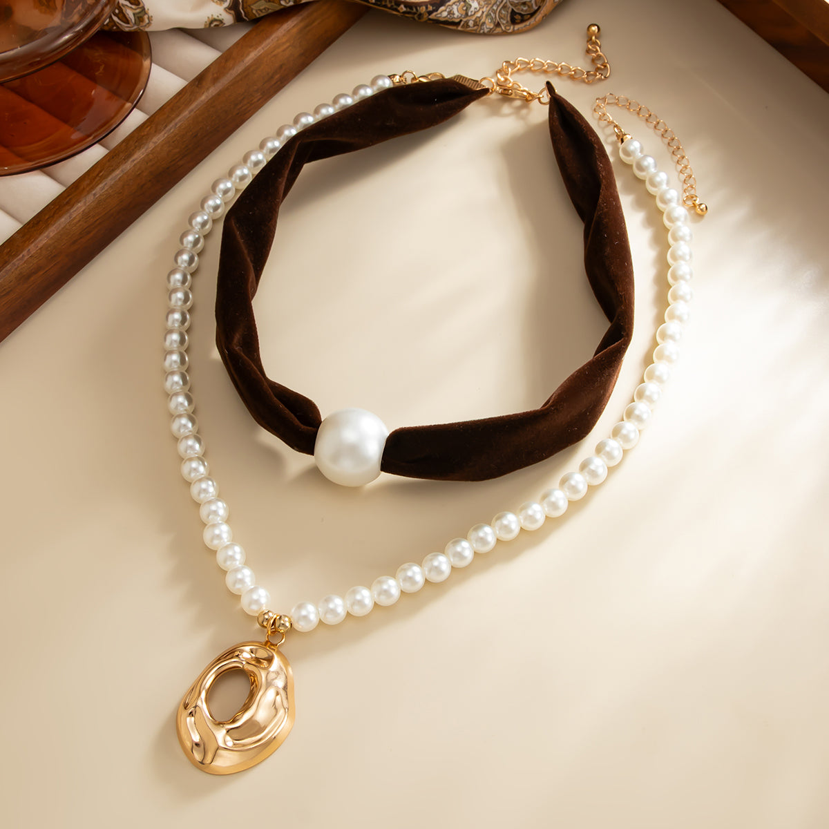 Dark Brown Polyster & Pearl Goldtone Open Drop Pendant Necklace Set