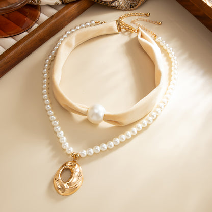 White Polyster & Pearl Goldtone Open Drop Pendant Necklace Set
