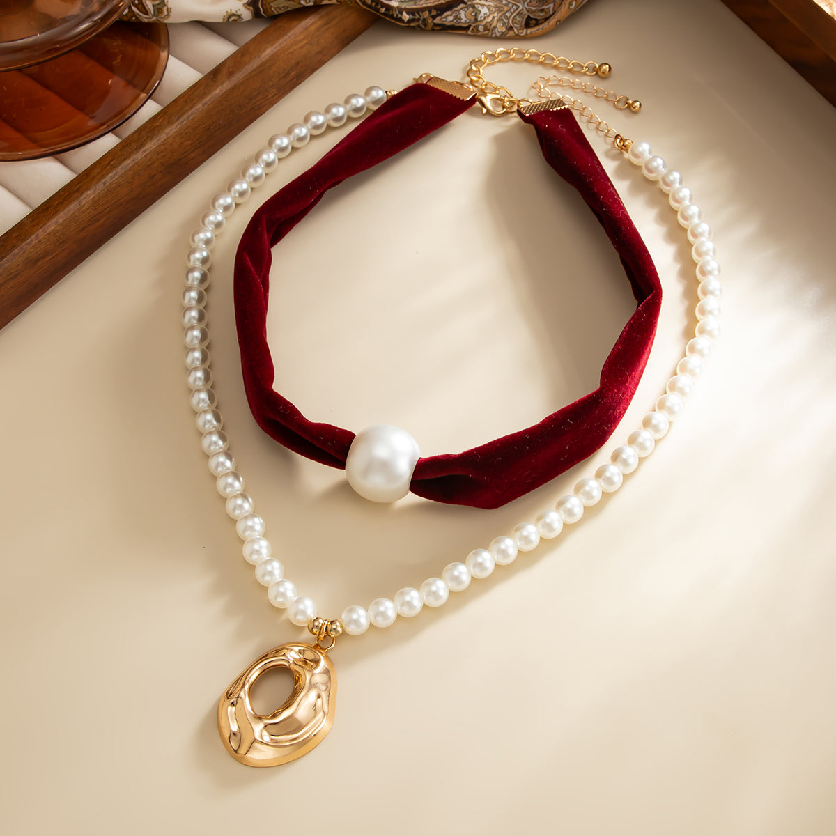 Wine Red Polyster & Pearl Goldtone Open Drop Pendant Necklace Set