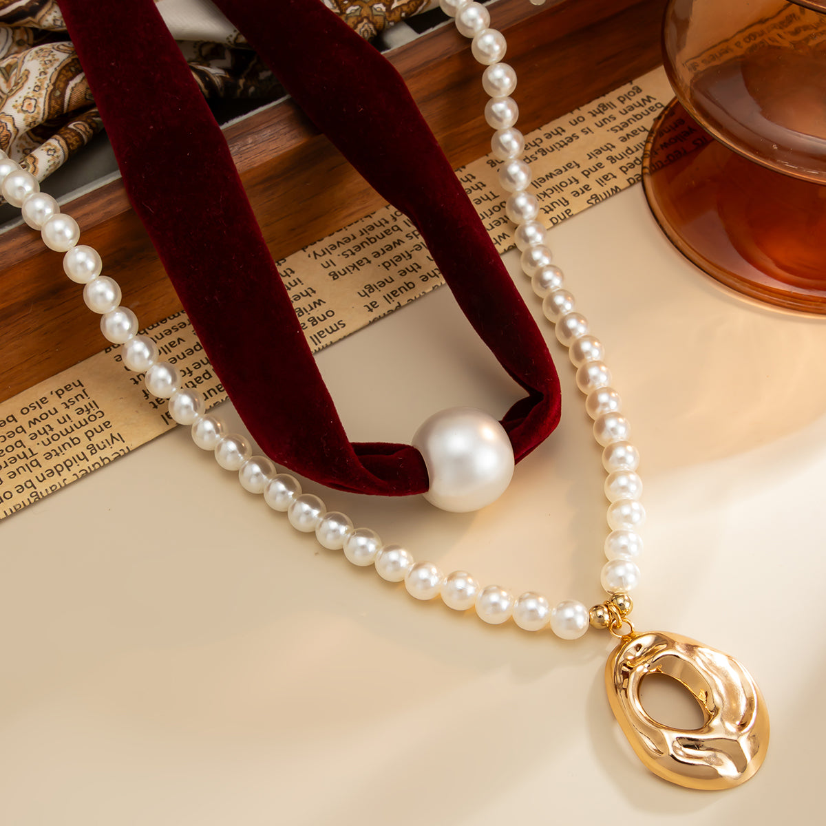 Wine Red Polyster & Pearl Goldtone Open Drop Pendant Necklace Set