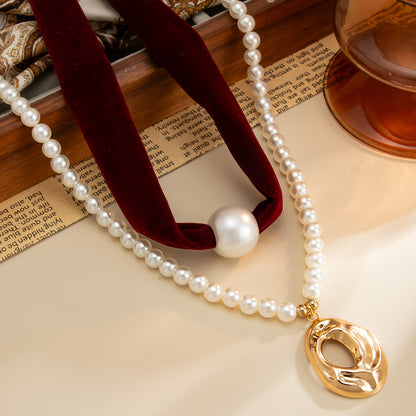 Wine Red Polyster & Pearl Goldtone Open Drop Pendant Necklace Set