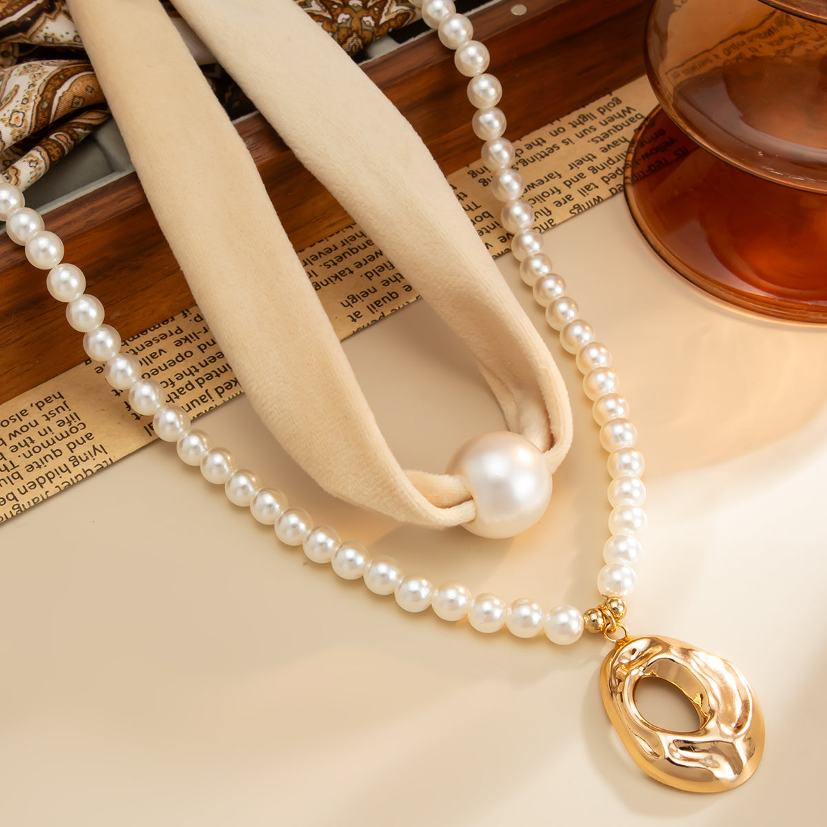 White Polyster & Pearl Goldtone Open Drop Pendant Necklace Set