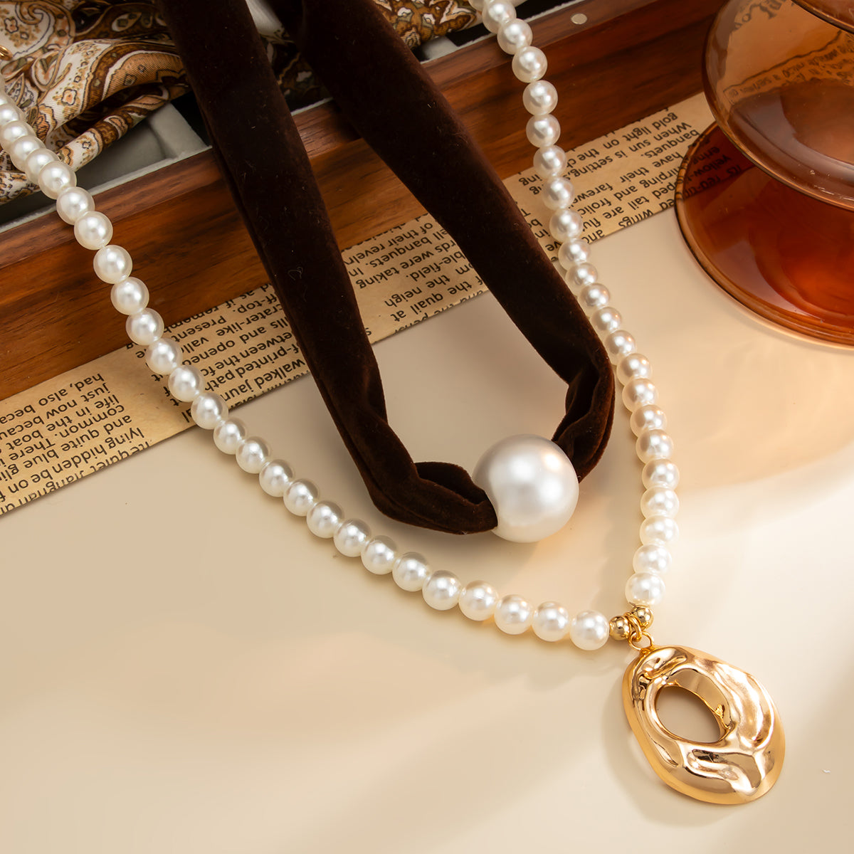Dark Brown Polyster & Pearl Goldtone Open Drop Pendant Necklace Set