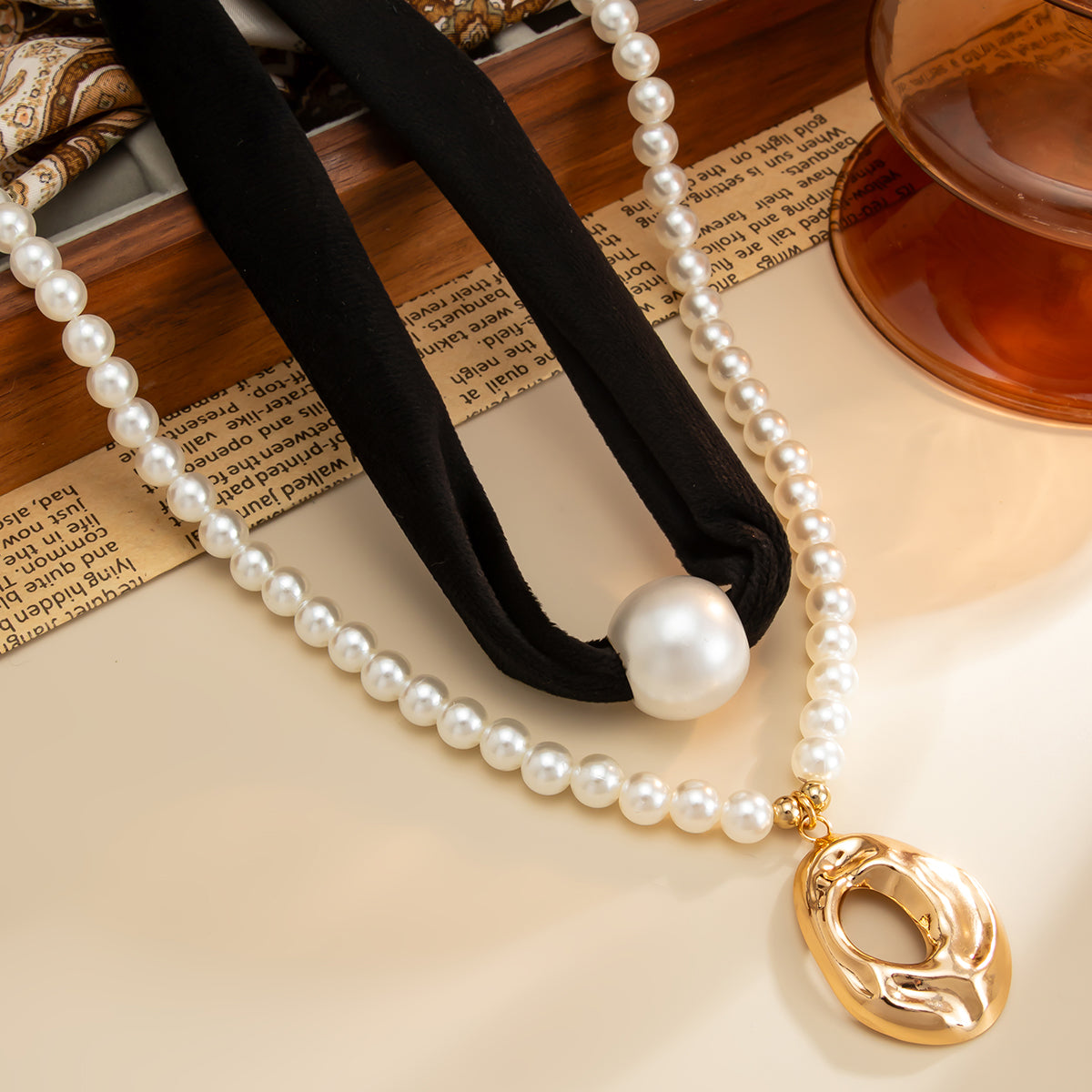 Black Polyster & Pearl Goldtone Open Drop Pendant Necklace Set