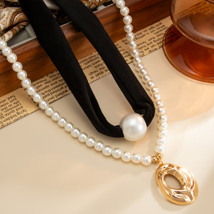 Black Polyster & Pearl Goldtone Open Drop Pendant Necklace Set