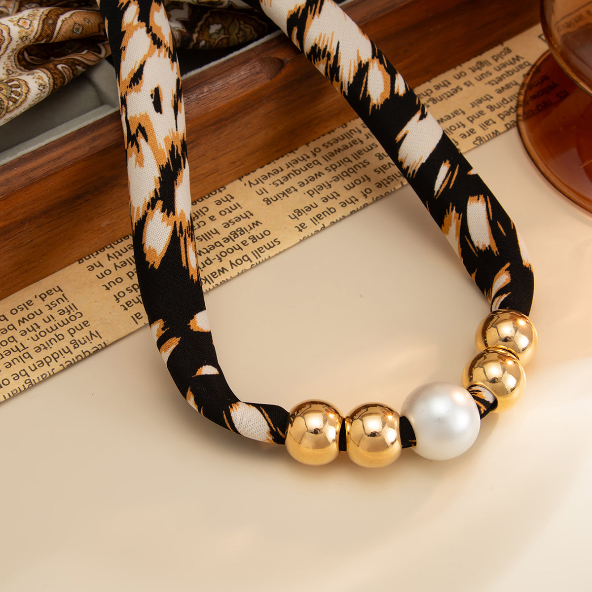 Botany Print Polyster and Pearl Goldtone Ball Collar Necklace, botanical inspired, detail close-up