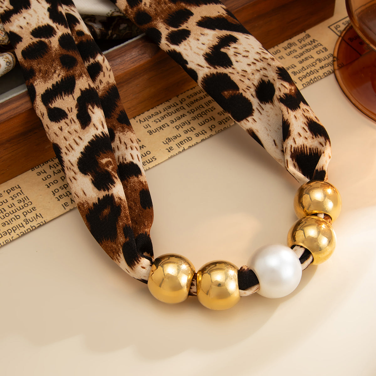 Leopard Print Polyster and Pearl Goldtone Ball Collar Necklace, everyday style, detail close-up