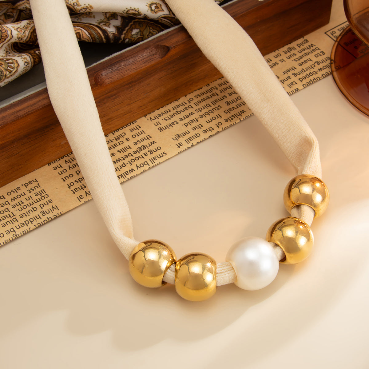 Beige Polyster and Pearl Goldtone Ball Collar Necklace, botanical inspired, detail close-up