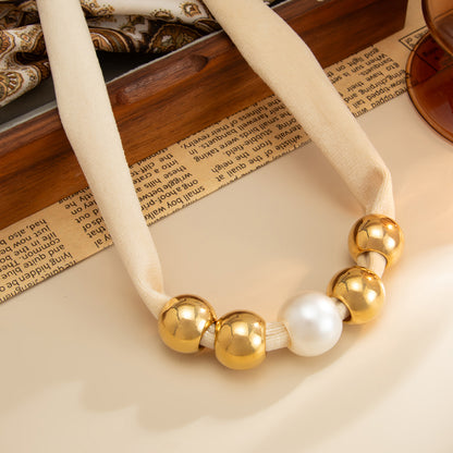 Beige Polyster and Pearl Goldtone Ball Collar Necklace, botanical inspired, detail close-up