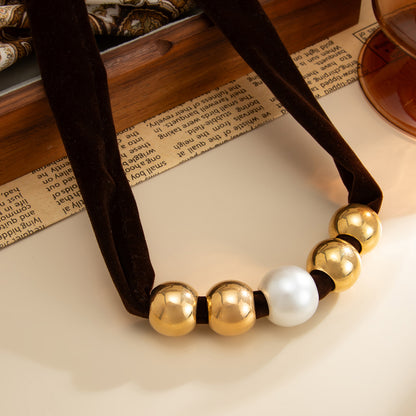 Dark Brown Polyster and Pearl Goldtone Ball Collar Necklace, botanical inspired, detail close-up