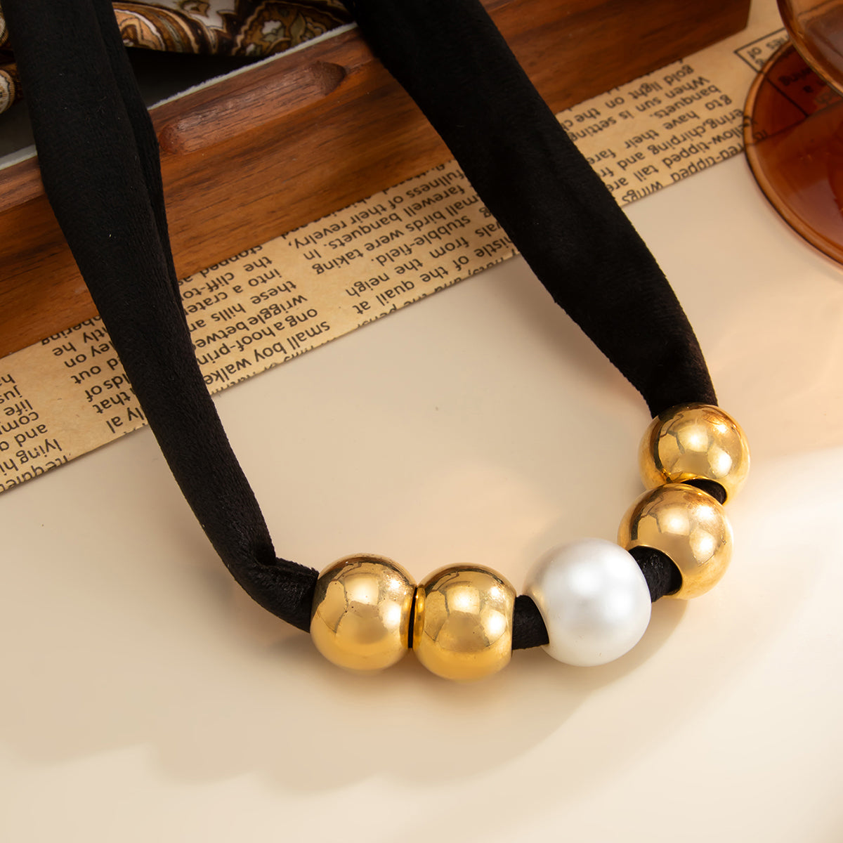 Black Polyster and Pearl Goldtone Ball Collar Necklace, everyday style, detail close-up