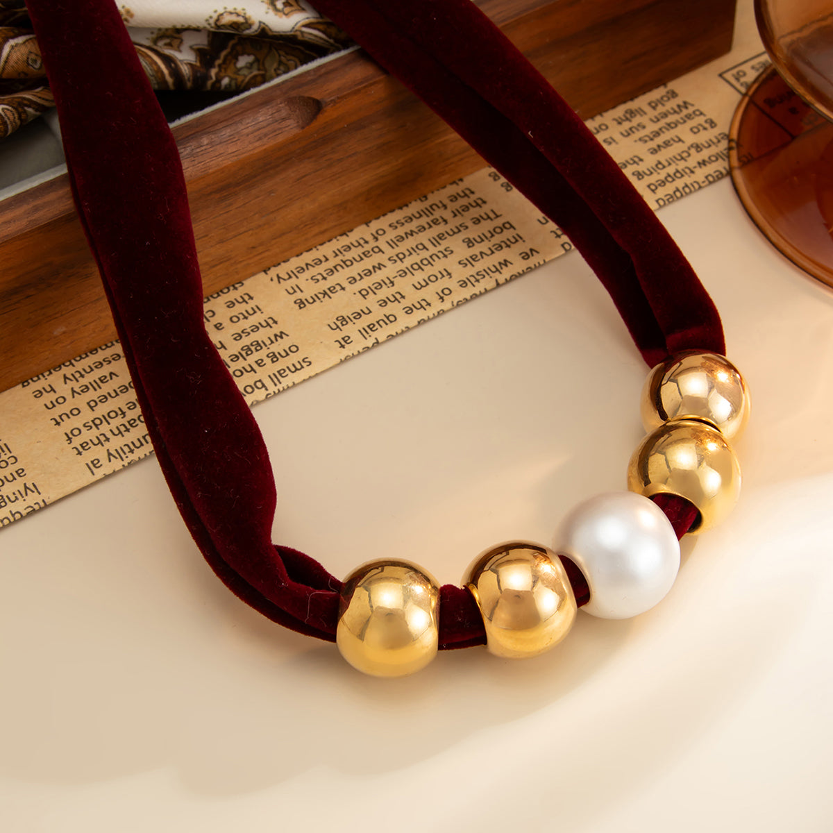 Wine Red Polyster and Pearl Goldtone Ball Collar Necklace, botanical inspired, detail close-up